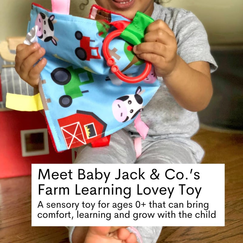 The Learning Lovey Baby Sensory Farm Animal Crinkle Tag Toy for Developing 5 Senses - Learning Shapes and Colors - Tummy Time - Travel Stroller Keepsake with BPA Free Clip for On The Go 8" x 8" - Image 2